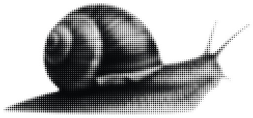 Abstract snail silhouette with halftone dot pattern, artistic black and white stippled graphic. Creative pointillism vector illustration for modern branding, minimalist poster and © Hoody Baba