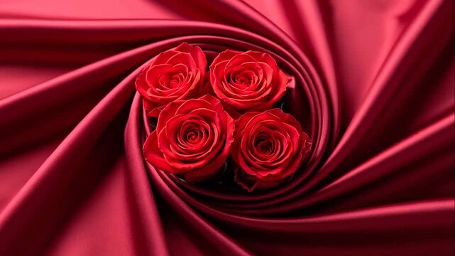 Four vibrant red roses resting on elegant flowing crimson fabric