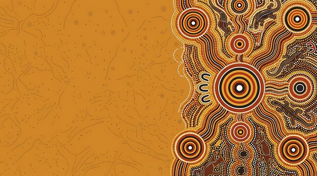 Indigenous australian dot art background with lizard and kangaroo
