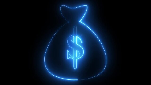 Dollar bag icon with neon dollar sign animation on black background. ant 4K video 