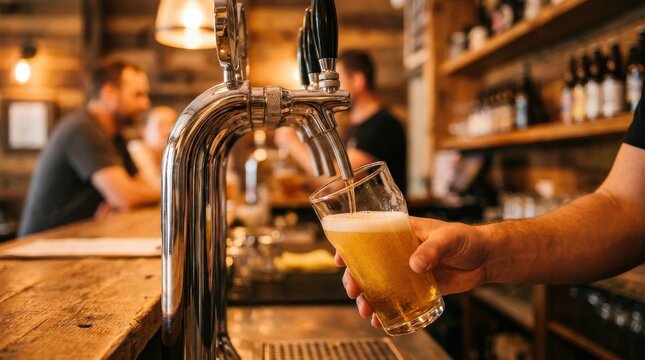 Draft Beer Experience: Draft beer pouring from a beer tap at a brewery bar counter 