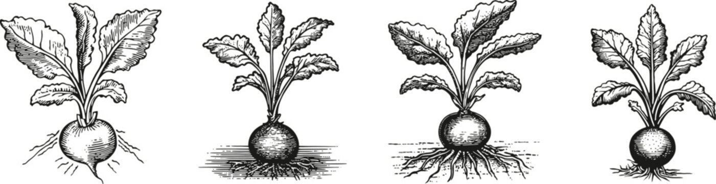 Detailed Illustration of Root Vegetable Growth Stages and Development, Logo Design, Hand drawing Engraving, Vector Illustration Isolated Object