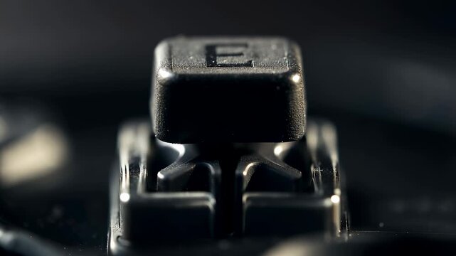 Finger presses black key on keyboard triggering sound. Close up shows details of key mechanism. Dark background highlights activity. Concept of technology, music creation, sound equipment