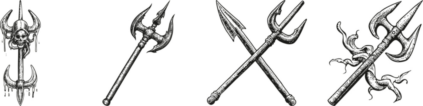 Intricate Illustrations of Fantasy Weapon Designs and Symbols, vector illustration, engraving design, logo design set, black and white line, template design element
