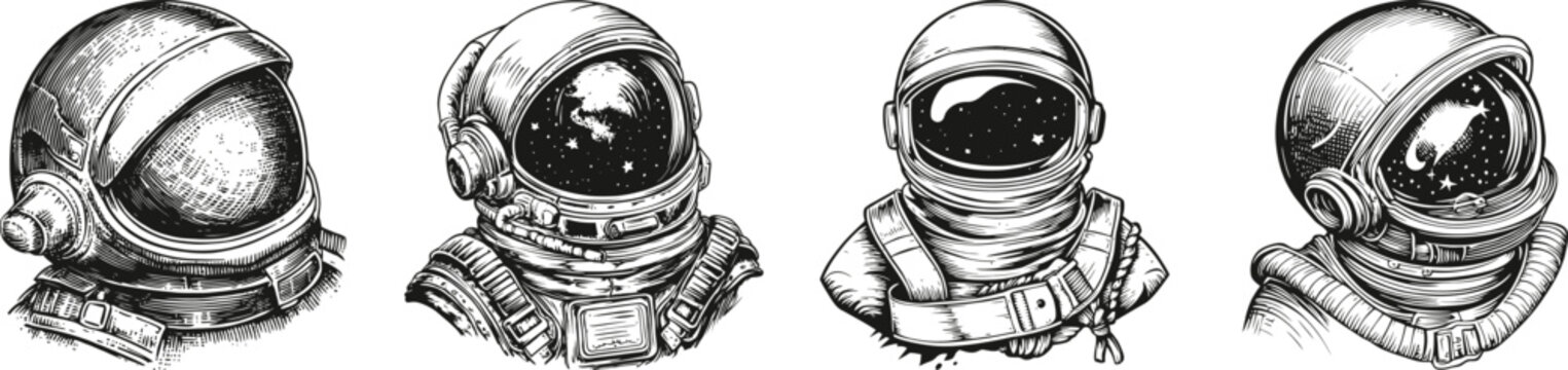 Detailed Vector Illustration of Diverse Space Helmets with Cosmos vector, vector illustration, engraving design, logo design set, black and white line, template design element