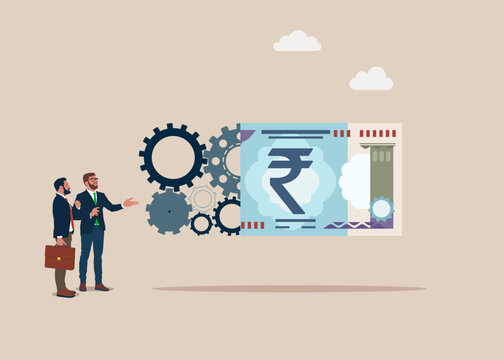 Business people and paper banknote Indian rupee.  Money with cog gear production. Optimize cost and expense for better profit strategy. Flat vector illustration