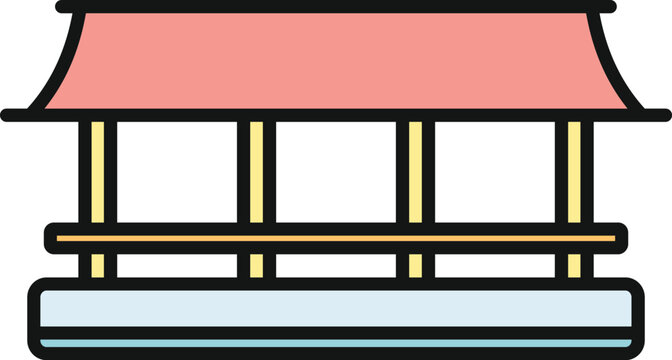 Japanese style pavilion structure with a red roof and yellow columns