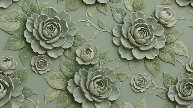 Sage green floral 3d relief pattern wallpaper
