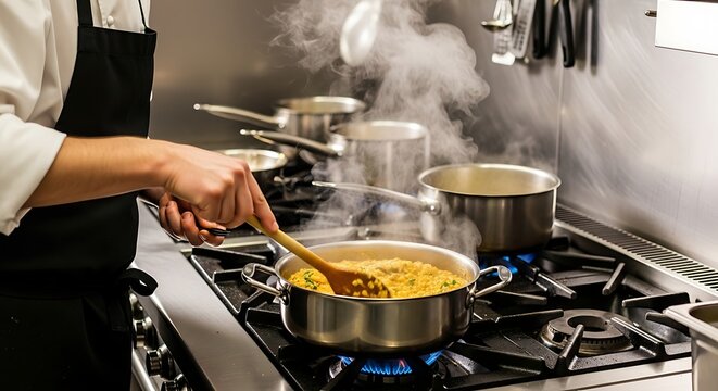 Professional Chef Stirring Steaming Dish on Gas Stove in Commercial Kitchen