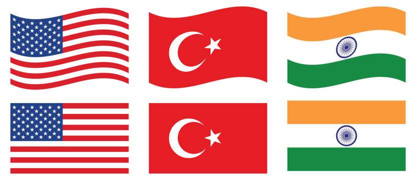 Set of waving and flat flags of usa turkey and india