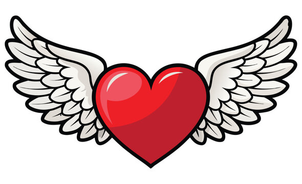 Vector illustration of a classic cartoon red heart with bold line spread wings