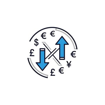 Currency exchange symbol with upward trending arrow.