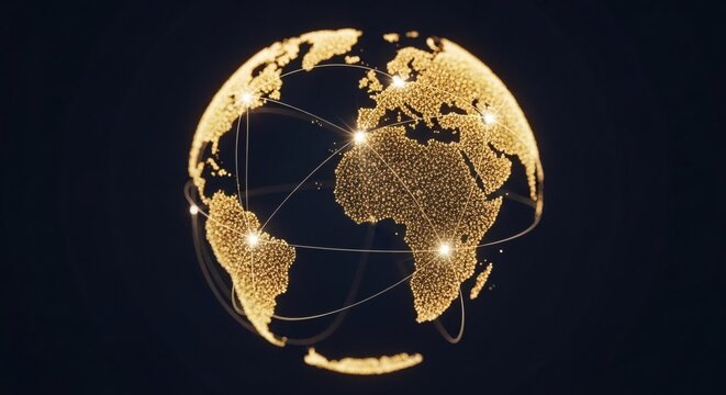 Digital Golden Grid Globe with Glowing Connection Lines on Dark Background