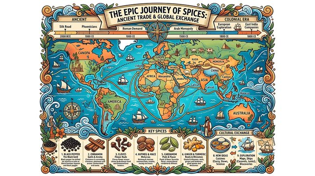 Historical world map illustrating global spice trade routes and history