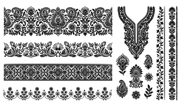 Black Paisley Ethnic Embroidery Neckline and Border Trim Pattern Set with Vintage Indian Floral Ornaments for Fashion Textile and Garment Dress Design