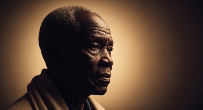 Low Angle Portrait of Resilient African Man Looking into Distance with Wisdom
