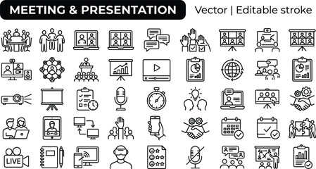 Corporate meeting and presentation icon pack featuring online video conference seminars teamwork remote collaboration and business strategy symbols © MstHusna