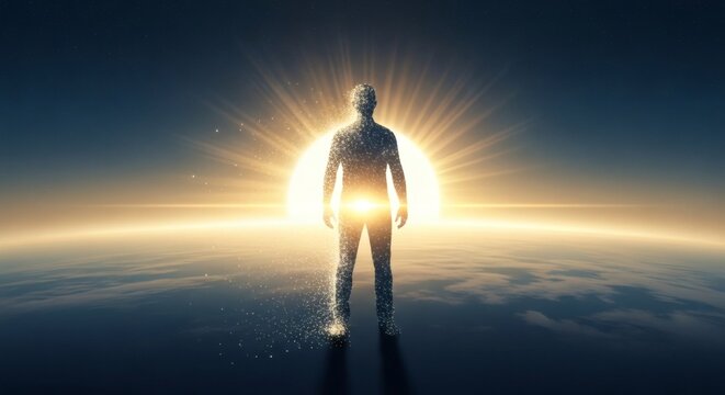 Human Figure Walking Toward Bright Light Above Earth Horizon in Spiritual Hope Concept