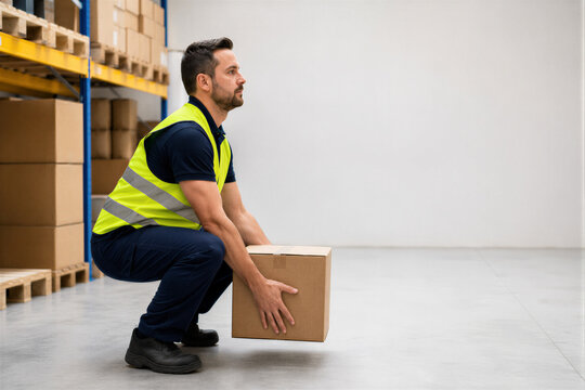 Warehouse Worker Performing Proper Manual Box Lifting Technique with Copy Space