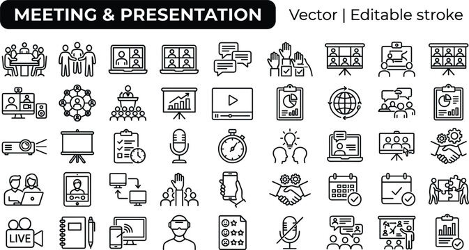 Corporate meeting and presentation icon pack featuring online video conference seminars teamwork remote collaboration and business strategy symbols