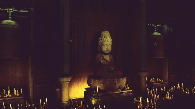 ancient shrine interior with buddha statue, low lantern light and layered shadows, textured wood panels, rows of candles and incense haze, cinematic meditative