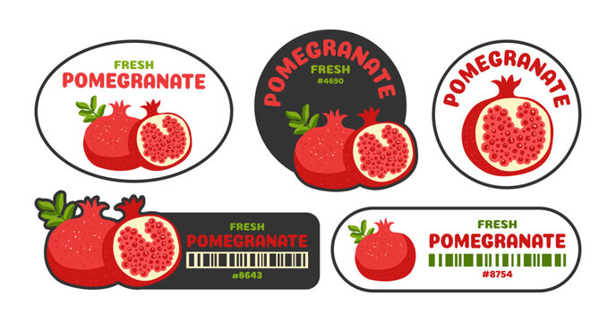 Trendy pomegranate fruit barcode label set. Retro badges with organic fresh quality tag for supermarket, farm shop and grocery store packaging. Cartoon flat sticker design. Vector illustration art