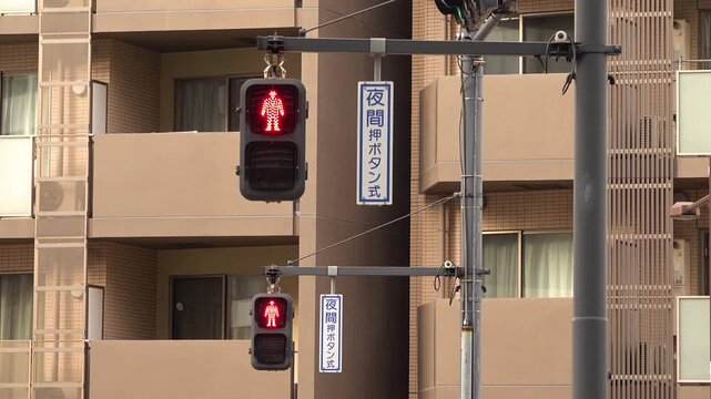 Red pedestrian traffic lights with vehicles passing in front in Tokyo