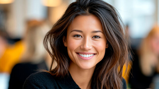 Smiling young woman looking at camera in bright modern cafe natural lifestyle portrait