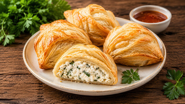 Pastizzi maltesi con ricotta su tavolo rustico. Generative AI 
