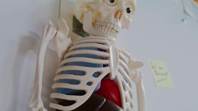 Human skeleton chest and skull model with visible organs in bright classroom