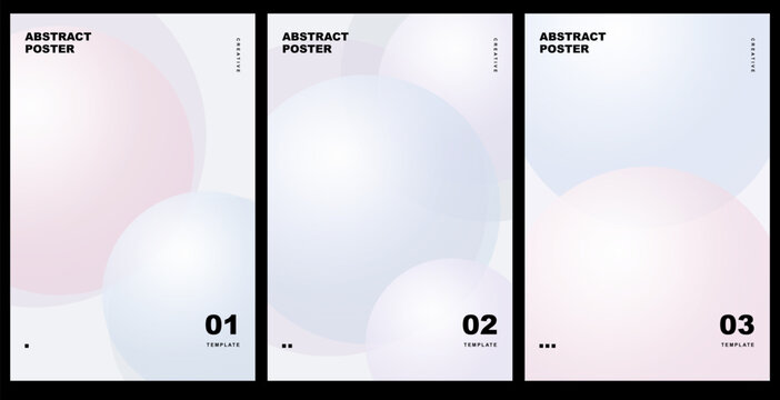 Set of three abstract poster templates with soft light spherical shapes and minimalist typographic layout design abstract template