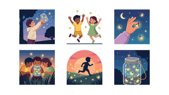 Children Catching Fireflies at Night, Summer Fun, Nature Illustration