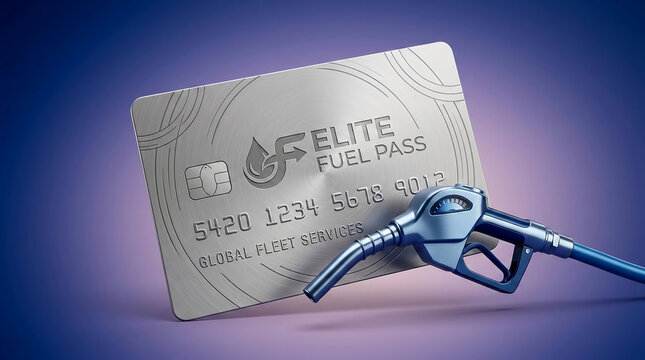 Metal card and fuel nozzle on a gradient background, symbolizing fuel services, finance, and transportation, representative of commercial use.