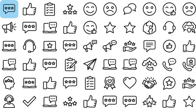 Customer feedback and online review line icon set containing star ratings thumbs up emoticons and client testimonial symbols