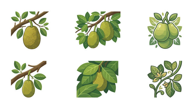 Jackfruit Tree Branch with Fruits and Leaves, Pixel Art Style