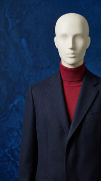 Mannequin head and shoulders wearing a dark blazer and red turtleneck, against a textured blue background, ideal for fashion showcase or business presentation