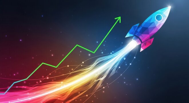 Rocket ship blasting off with green arrow and graph