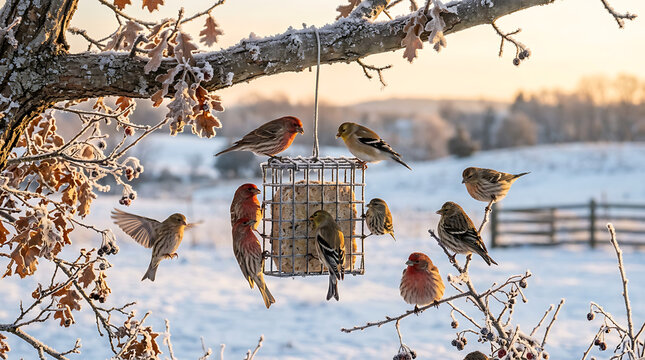 A flock of finches gathered around a suet feeder in a snowy winter landscape, capturing a moment of avian feeding and natural beauty during sunrise.
