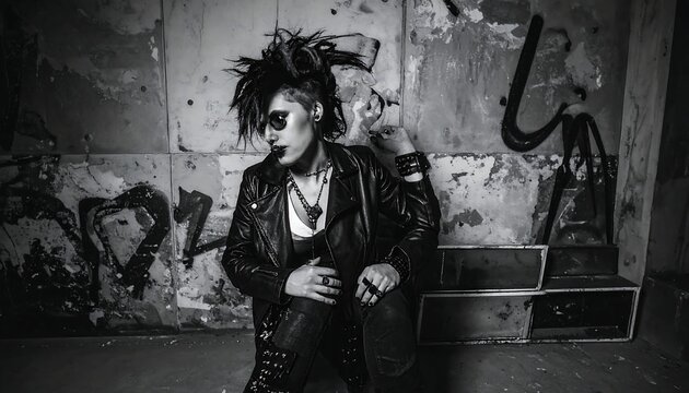 A person in a leather jacket and dark clothing stands before a graffiti-covered wall