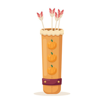 Decorative archery quiver decorated with three orange pumpkins and feathers for autumn season and thanksgiving holiday themed
