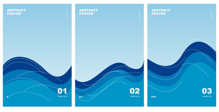 Set of three abstract ocean wave poster templates with deep blue water flow layers and dynamic graphic design template abstract corporate
