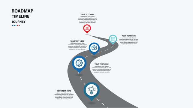Business road map timeline infographic. Infographic roadmap timeline template design with 5 steps. Timeline diagram with road journey concept. Vector illustration.