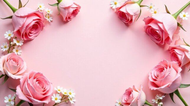 A delicate arrangement of pink roses and small white flowers creates a lovely border around a soft pink background, perfect for conveying sentiments of affection and tenderness.