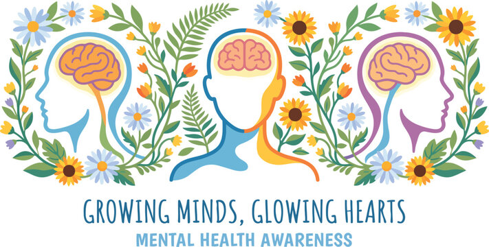 Mental Health Awareness banner with human heads brain illustration and glowing floral frame
