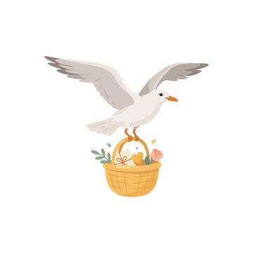 Flying white seagull carrying a woven basket with flowers and a love note for romantic greeting or special occasion