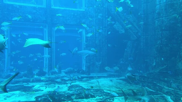 Large aquarium with different marine species swimming through blue underwater habitat. Artificial reef structures and clear water create peaceful ocean environment