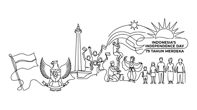 Indonesia Independence Day Doodle: Garuda, Monas, People Celebrating, Sun, Flags