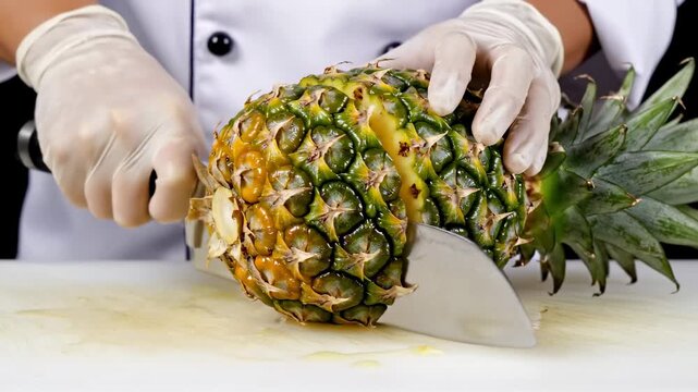 Fresh pineapple being sliced by chef in kitchen. Bright and clean workspace with white countertop. Concept of culinary arts, food preparation, fruit business