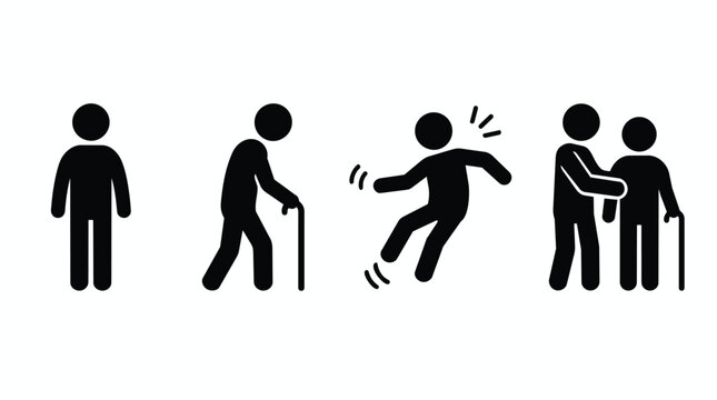 Elderly fall prevention, senior care and nursing assistance for home safety, health insurance and medical aid. Patient, caregiver and accident with walking stick, recovery and disability support.