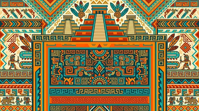 Colorful mesoamerican ethnic pattern with step pyramids and warriors